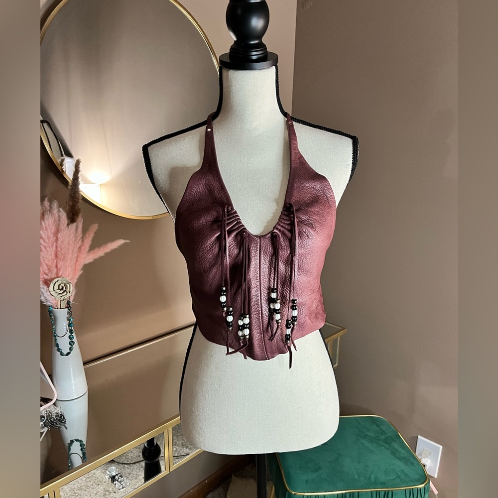 Brown leather halter top